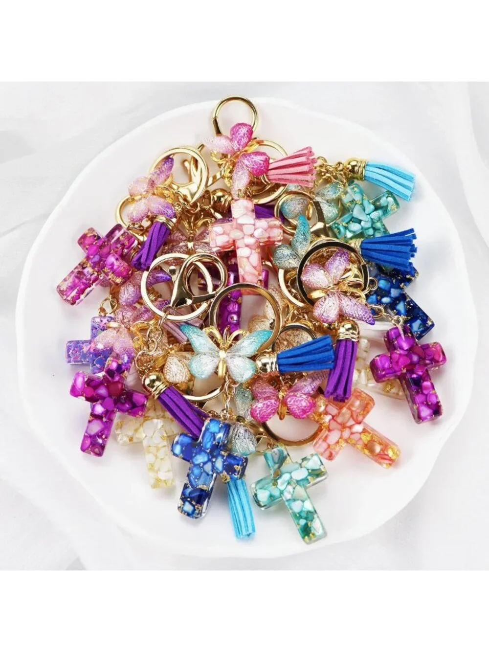 Christian Cross Keychain with Tassels & Butterfly Charm - Resin Jesus Bag